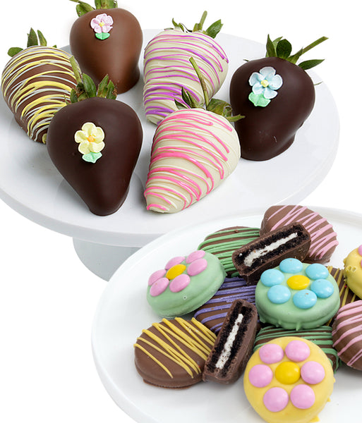 Flower Decorated Belgian Chocolate Covered Cookies & Chocolate Strawberries - 12pc - Chocolate Covered Company®